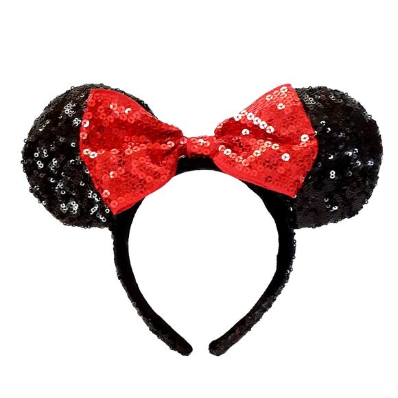 Disney Parks Classic Minnie Mouse Ear Headband Black Red Sequined Disney Trip - Picture 1 of 4